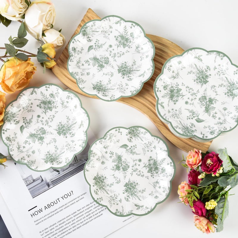 Elyxio 24Pcs Sage Green Floral Party Plates 7" Vintage Floral Leaf Disposable Paper Plates Wildflower Toile Small Scalloped Dessert Plate for Spring Easter Birthday Bridal Tea Party Supplies - Image 5