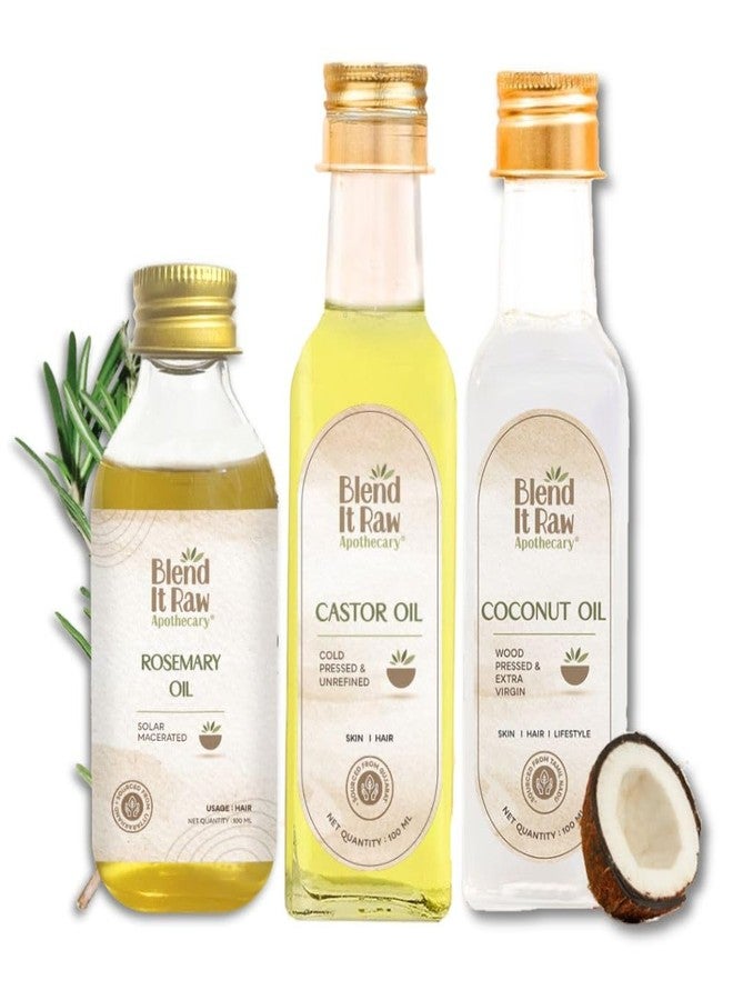 Blend It Raw Apothecary مزيج من زيوت إكليل الجبل وجوز الهند والخروع من بليند إت رو أبوتيكاري، ١٠٠ مل لكل منها | مستخلص إكليل الجبل وفيتامين هـ | نقي ١٠٠٪، خالٍ من البارابين والكبريتات | زيت جوز هند بكر معصور على البارد | سهل الاستخدام - Image 1