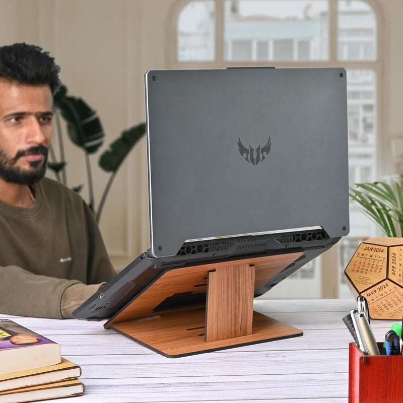 GKD Laptop Stand Compatible with MacBook Apple dell xps hp Lenovo asus and iPad Air Adjustable Height Wooden Laptop Riser Lightweight Unique Corporate Gifts Dark Wood ecofriendly