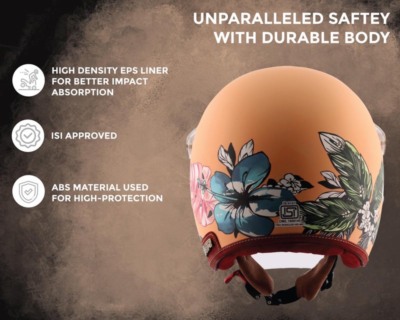 Axor Retro Jet Hawaii ISI Certified Lightweight Open Face Matt Finish Floral Helmet for Women with Clear Bubble Visor Peach(S) - Image 5