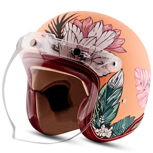 Axor Retro Jet Hawaii ISI Certified Lightweight Open Face Matt Finish Floral Helmet for Women with Clear Bubble Visor Peach(S) - Image 1