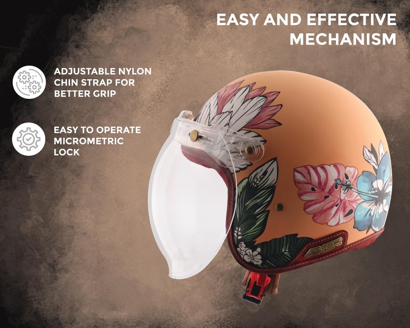 Axor Retro Jet Hawaii ISI Certified Lightweight Open Face Matt Finish Floral Helmet for Women with Clear Bubble Visor Peach(S) - Image 4