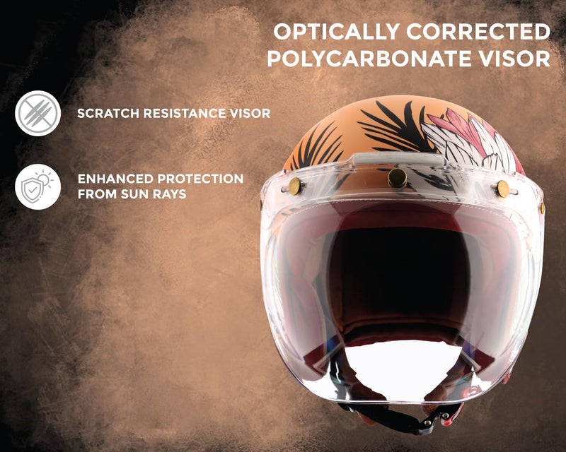 Axor Retro Jet Hawaii ISI Certified Lightweight Open Face Matt Finish Floral Helmet for Women with Clear Bubble Visor Peach(S) - Image 2