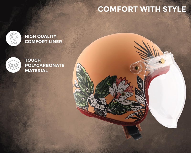 Axor Retro Jet Hawaii ISI Certified Lightweight Open Face Matt Finish Floral Helmet for Women with Clear Bubble Visor Peach(S) - Image 3
