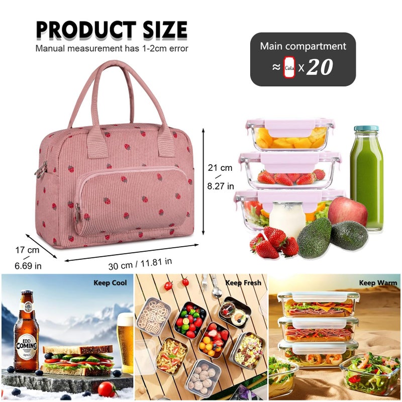 FITDON Insulated Lunch Bag for Women, Large Lunch Box Container Leakproof Corduroy Cooler Bag Lunch Tote Bag for Work Picnic, Pink Strawberry - Image 5