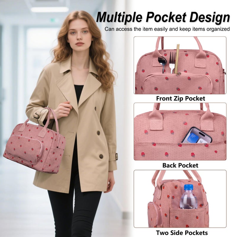 FITDON Insulated Lunch Bag for Women, Large Lunch Box Container Leakproof Corduroy Cooler Bag Lunch Tote Bag for Work Picnic, Pink Strawberry - Image 4