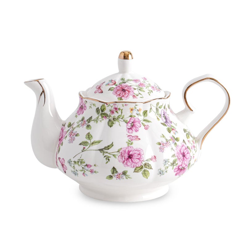 Agyiuns Flower Ceramic Teapot,22oz Porcelain Tea pot for Tea Coffee Milk for Office Home Men Women as Gift (White and big flowers) - Image 1