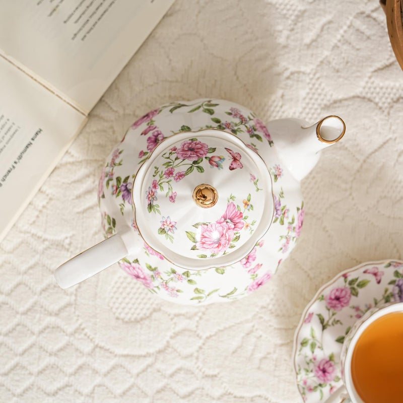 Agyiuns Flower Ceramic Teapot,22oz Porcelain Tea pot for Tea Coffee Milk for Office Home Men Women as Gift (White and big flowers) - Image 5