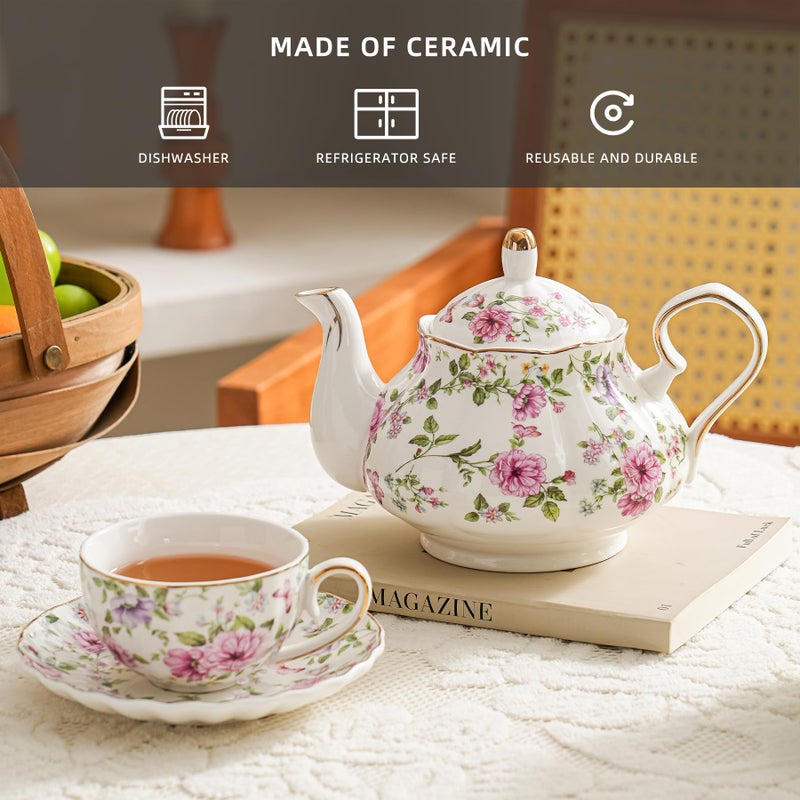 Agyiuns Flower Ceramic Teapot,22oz Porcelain Tea pot for Tea Coffee Milk for Office Home Men Women as Gift (White and big flowers) - Image 3