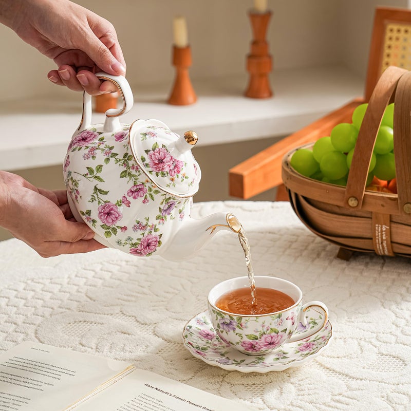 Agyiuns Flower Ceramic Teapot,22oz Porcelain Tea pot for Tea Coffee Milk for Office Home Men Women as Gift (White and big flowers) - Image 4
