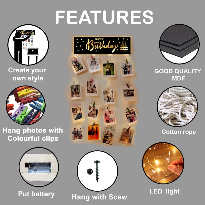 Decorcreed Happy Birthday photo wall hanging memories, hanging photo frames for wall decoration, moments wall hanging photos hanging for wall decoration, photo frames with light (70cm x 36cm) - Image 5