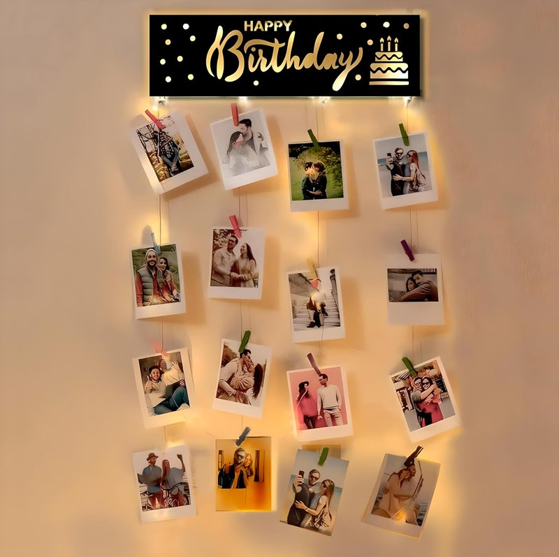 Decorcreed Happy Birthday photo wall hanging memories, hanging photo frames for wall decoration, moments wall hanging photos hanging for wall decoration, photo frames with light (70cm x 36cm) - Image 1