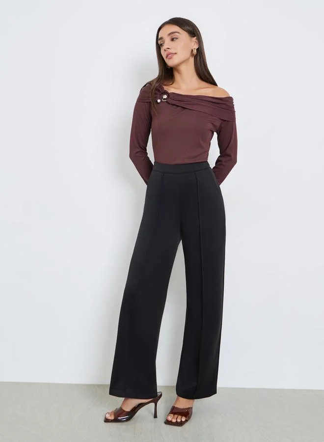Styli Solid Elastic-Waist Wide Leg Pants
