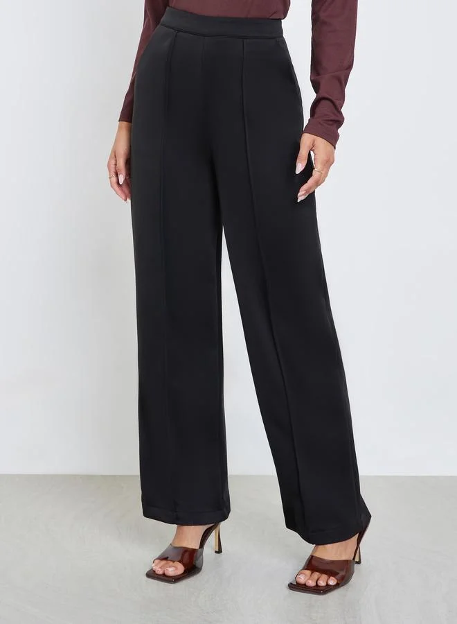 Styli Solid Elastic-Waist Wide Leg Pants