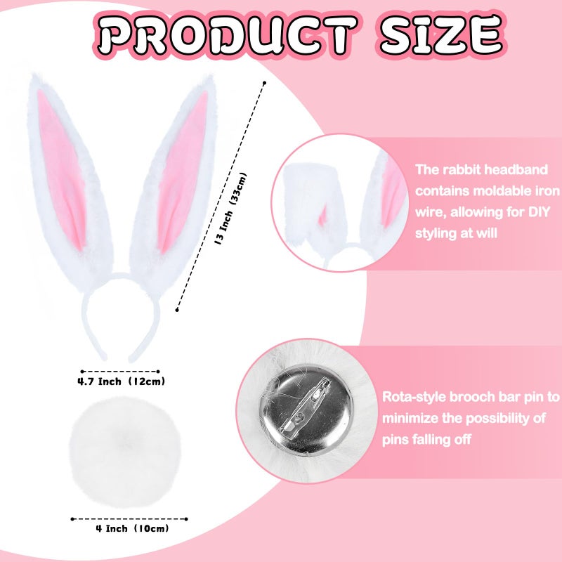 ZIZWO 4 PCS White Rabbit Costume Accessories,Bunny Ears Headband and Tail Bow Tie Clock Necklace for Adult Kids Easter Halloween Dress Up - Image 2