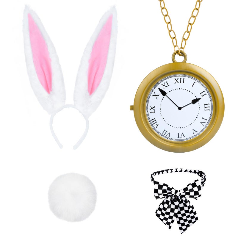 ZIZWO 4 PCS White Rabbit Costume Accessories,Bunny Ears Headband and Tail Bow Tie Clock Necklace for Adult Kids Easter Halloween Dress Up - Image 1