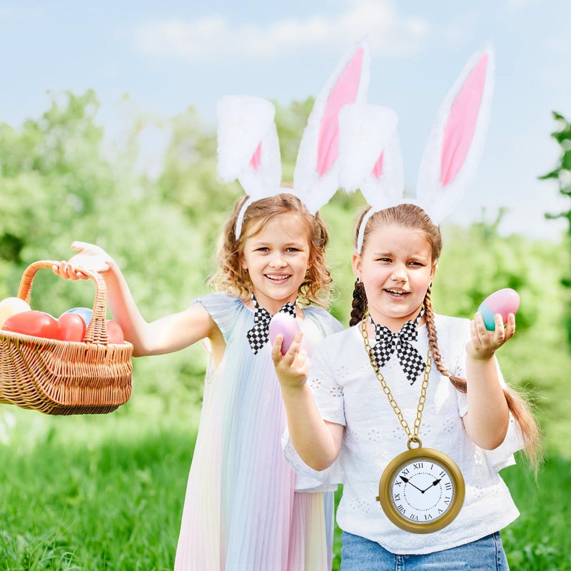 ZIZWO 4 PCS White Rabbit Costume Accessories,Bunny Ears Headband and Tail Bow Tie Clock Necklace for Adult Kids Easter Halloween Dress Up - Image 5