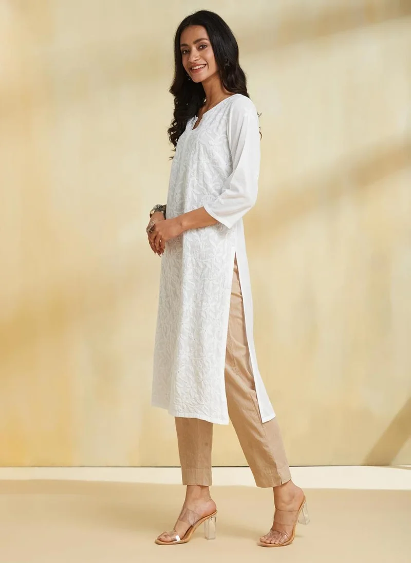 فاب انديا White Cotton Chikankari Long Kurta