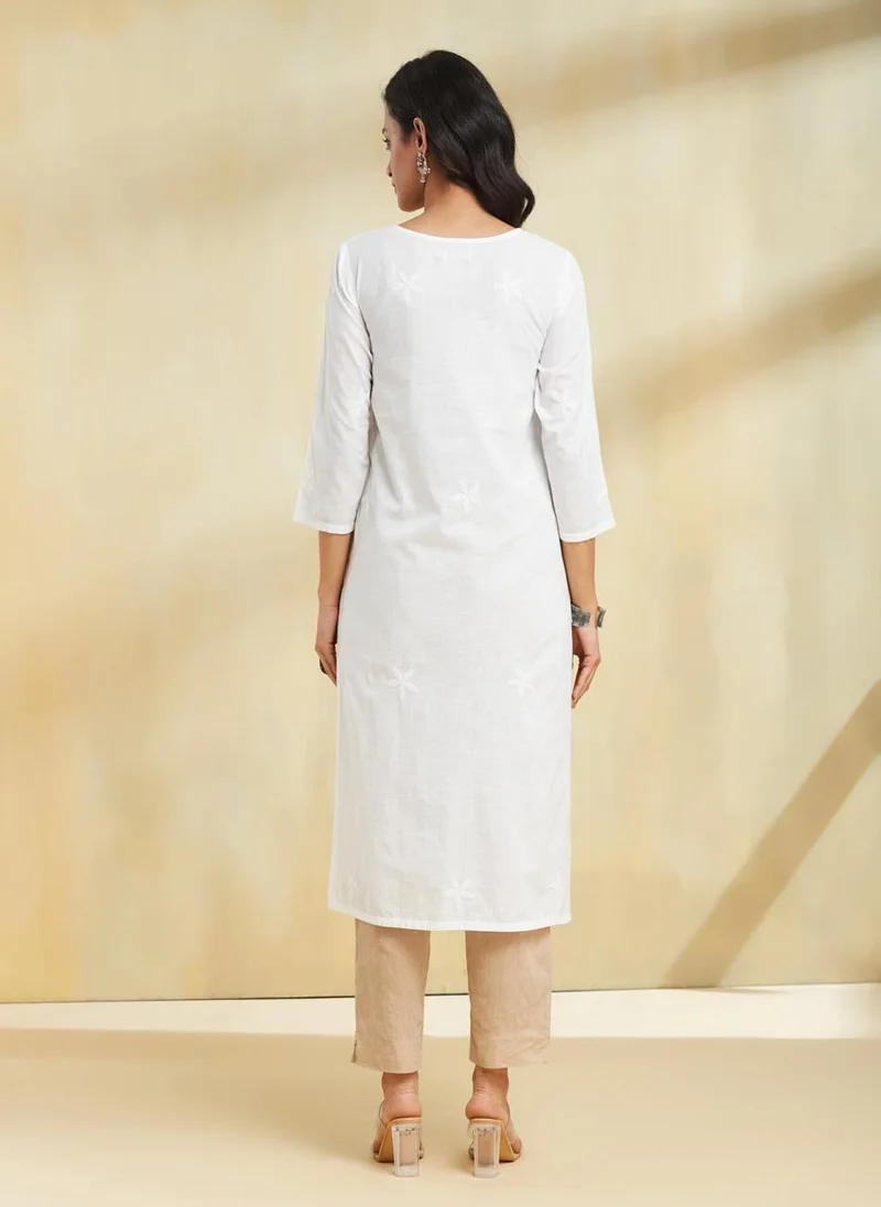 فاب انديا White Cotton Chikankari Long Kurta
