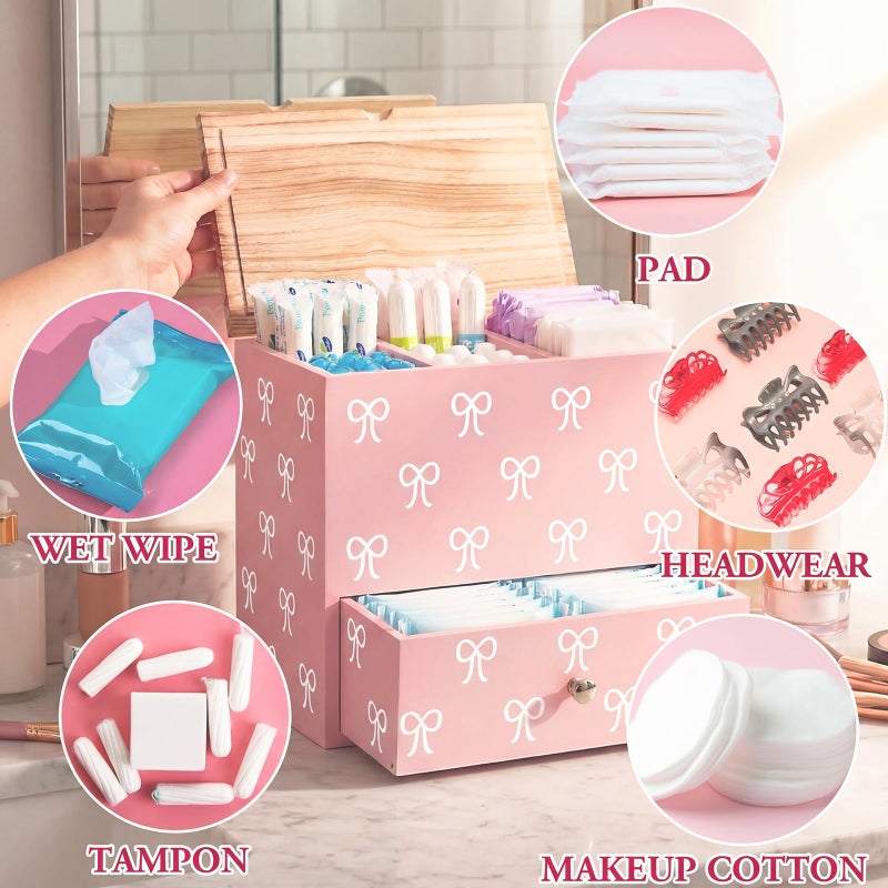 BrightRow Pink Bow Tampon Holder for Bathroom Wood Feminine Product Organizer with Drawer and Lid Pad and Tampon Organizer Bathroom Accessories Storage Box for Pink Bow Washroom Period Box - Image 4