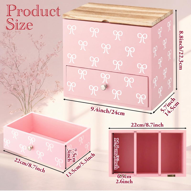 BrightRow Pink Bow Tampon Holder for Bathroom Wood Feminine Product Organizer with Drawer and Lid Pad and Tampon Organizer Bathroom Accessories Storage Box for Pink Bow Washroom Period Box - Image 2