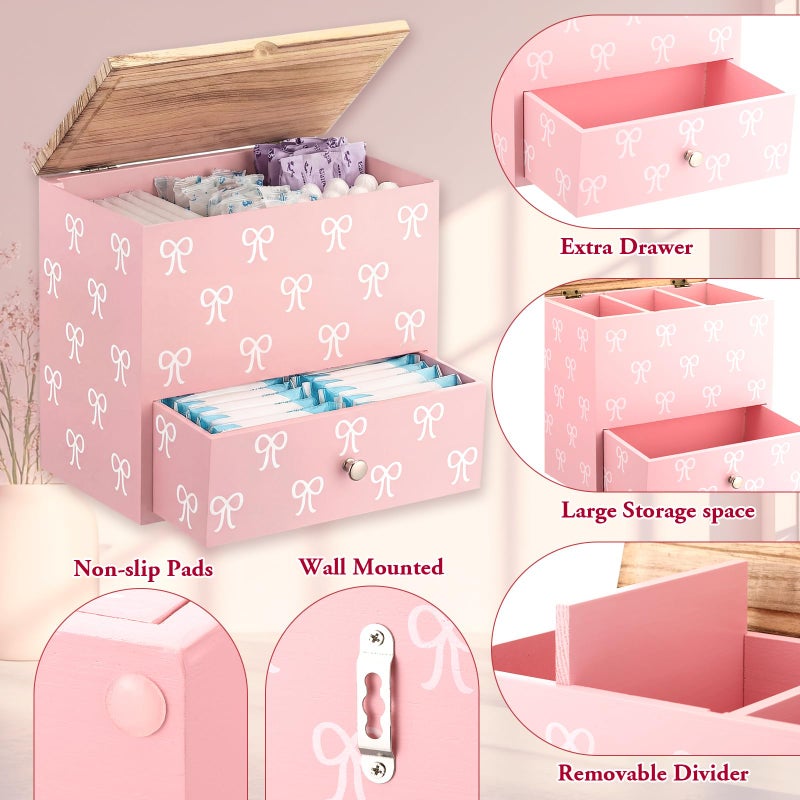 BrightRow Pink Bow Tampon Holder for Bathroom Wood Feminine Product Organizer with Drawer and Lid Pad and Tampon Organizer Bathroom Accessories Storage Box for Pink Bow Washroom Period Box - Image 3