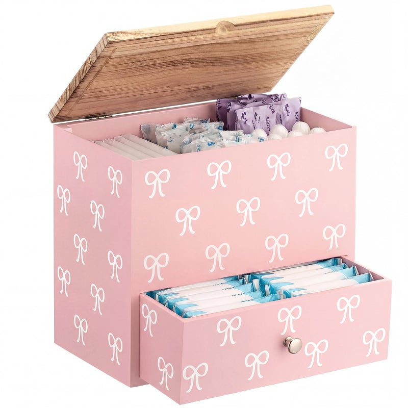 BrightRow Pink Bow Tampon Holder for Bathroom Wood Feminine Product Organizer with Drawer and Lid Pad and Tampon Organizer Bathroom Accessories Storage Box for Pink Bow Washroom Period Box - Image 1