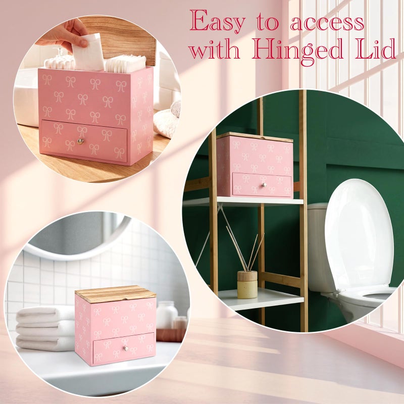 BrightRow Pink Bow Tampon Holder for Bathroom Wood Feminine Product Organizer with Drawer and Lid Pad and Tampon Organizer Bathroom Accessories Storage Box for Pink Bow Washroom Period Box - Image 5