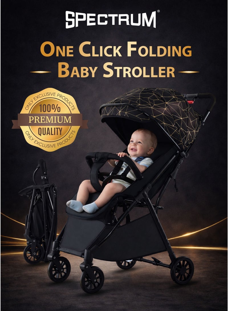 Spectrum One-Hand Folding Baby Stroller Buggy Pushchair Pram Cart for Newborn Children Infant Kids Toddler 0–3 Years, Self Standing Trolley When Folded, Lightweight Compact Travel Stroller Car Trunk Friendly, Adjustable Reclining Backrest and Footrest 360° Swivel Front Wheels One-Foot Dual Rear Brake One-Link Brake, 5-Point Safety Harness, Detachable Armrest Bar, Round Canopy, Large Shopping Storage Basket - Image 1