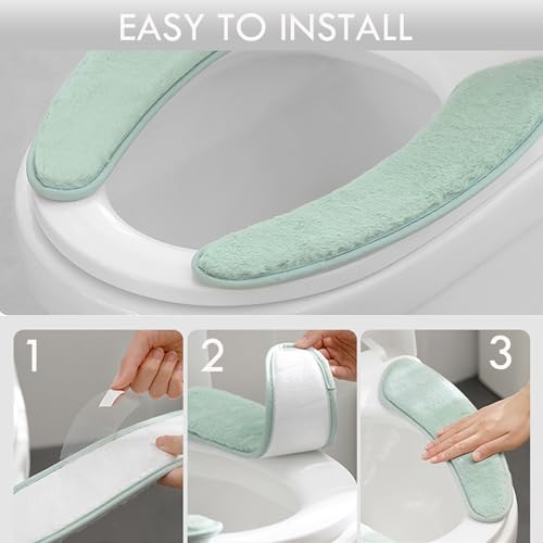 Iensen Thick and Warm Toilet Seat Cushion Cover - with Sticky Toilet Seat Cushion - Washable and Reusable Mat for Winter - Double Flap Separation, TPR Back Adhesive, Soft and Protective (Green) - Image 4