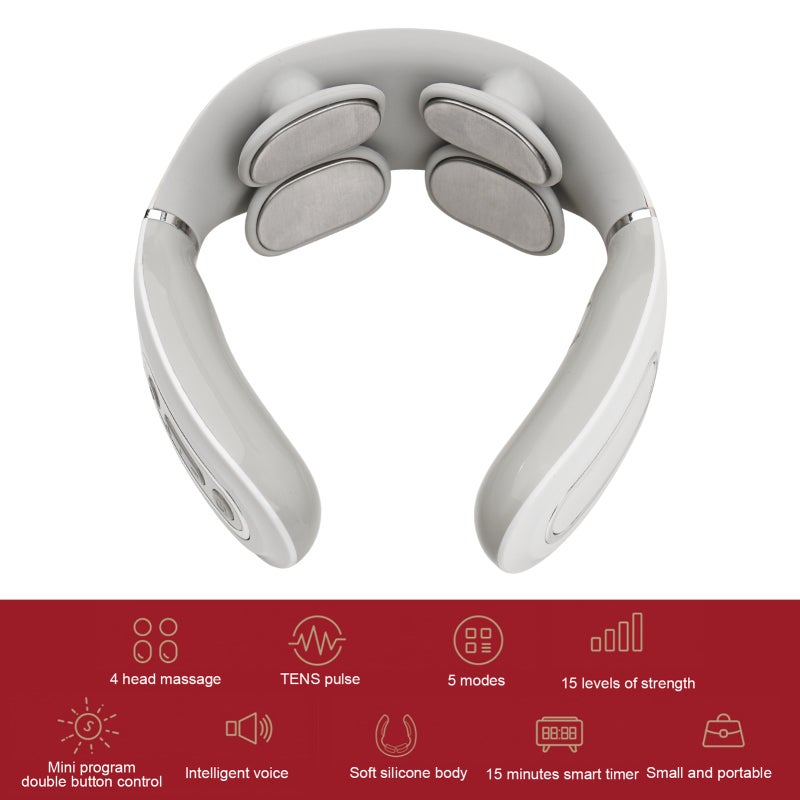 Electric Pulse Neck Massager Intelligent Portable Cordless Lightweight with Heat for Women Men with 4 Head Massage 5 Modes 15 Levels of Strength for Office Car Travel Home White - Image 4