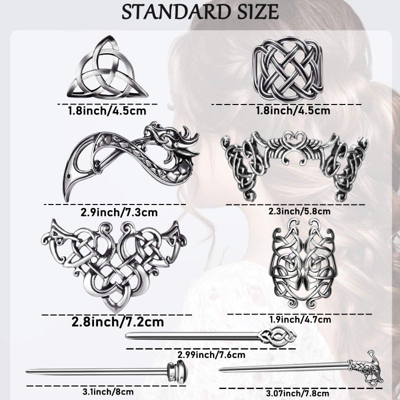 Chuangdi 6 Pieces Silver Celtic Hair Slide Hairpins Viking Celtic Hair Clips Knot Stick Vintage Metal Barrette Pin Retro Accessories for Women - Image 2