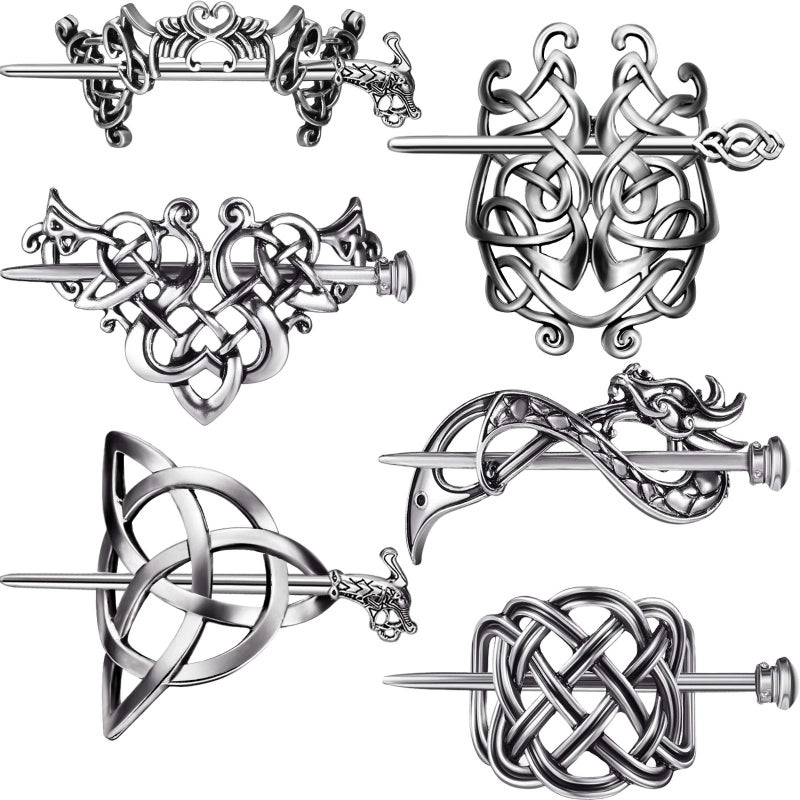Chuangdi 6 Pieces Silver Celtic Hair Slide Hairpins Viking Celtic Hair Clips Knot Stick Vintage Metal Barrette Pin Retro Accessories for Women - Image 1