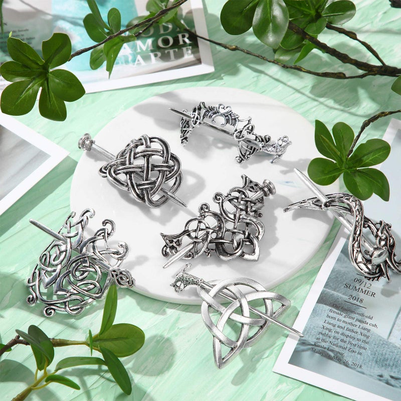 Chuangdi 6 Pieces Silver Celtic Hair Slide Hairpins Viking Celtic Hair Clips Knot Stick Vintage Metal Barrette Pin Retro Accessories for Women - Image 4