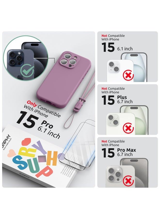 SURPHY Silicone for iPhone 15 Pro Case with Screen Protector and Lanyard, [Camera Protection] [Soft Microfiber Lining] Phone Strap and Shockproof Phone Cover 6.1 inch 2023, Lilac Purple - Image 2