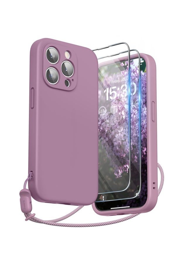 SURPHY Silicone for iPhone 15 Pro Case with Screen Protector and Lanyard, [Camera Protection] [Soft Microfiber Lining] Phone Strap and Shockproof Phone Cover 6.1 inch 2023, Lilac Purple - Image 1