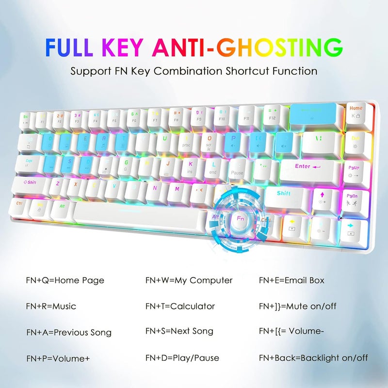 LexonElec 60% Mechanical Keyboard Mini Compact 68 Keys USB C Wired RGB Backlit Keyboard 18 Chroma Rainbow Backlight Portable Full Keys Anti-ghosting Compatible With PS4,Xbox,PC,Laptop,MAC - White/Red Switch - Image 4