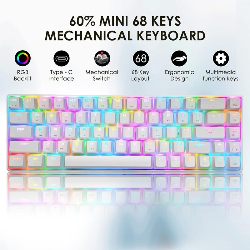 LexonElec 60% Mechanical Keyboard Mini Compact 68 Keys USB C Wired RGB Backlit Keyboard 18 Chroma Rainbow Backlight Portable Full Keys Anti-ghosting Compatible With PS4,Xbox,PC,Laptop,MAC - White/Red Switch - Image 2