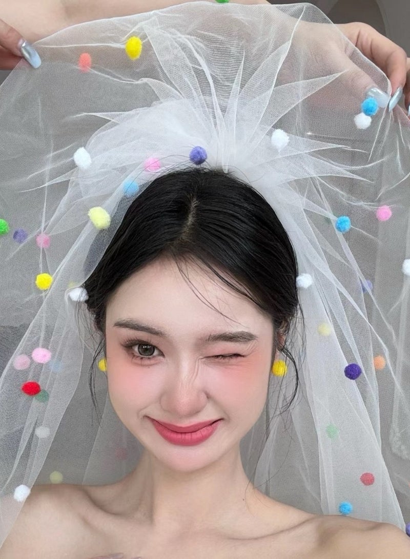 ZUOYOUTU Wedding Bridal Veil - Puffed Double Layer Tulle, Cute and Playful，Colorful Ball - Image 1
