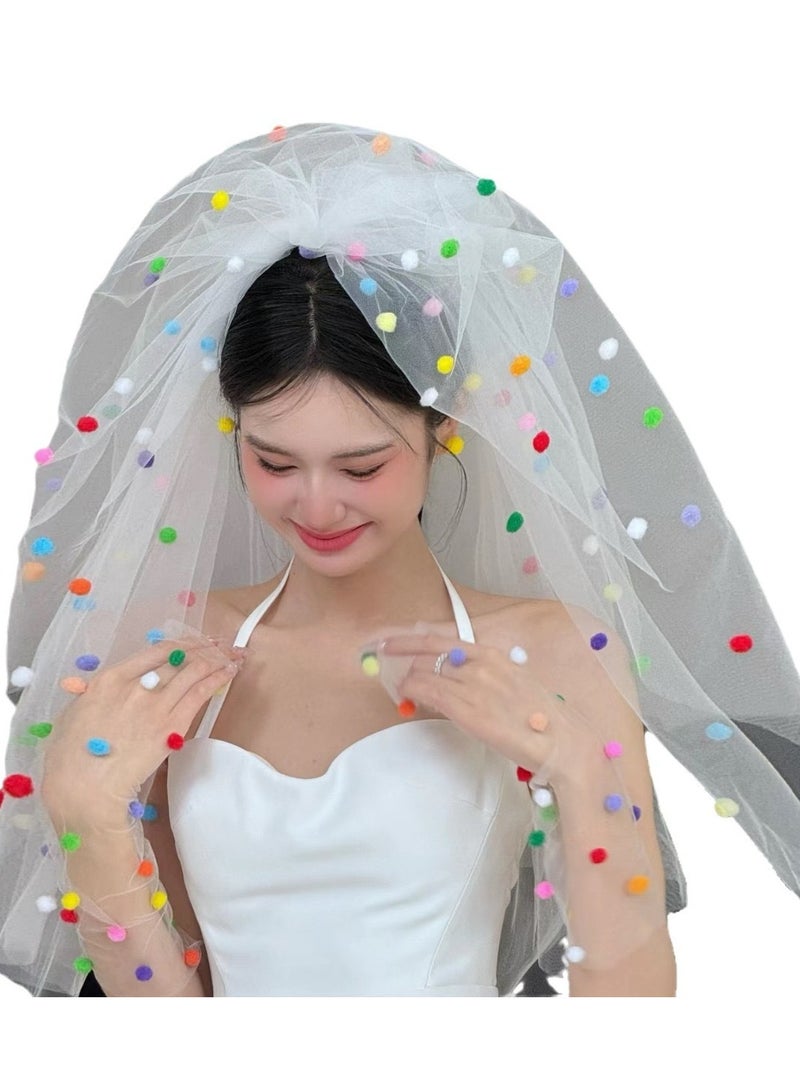 ZUOYOUTU Wedding Bridal Veil - Puffed Double Layer Tulle, Cute and Playful，Colorful Ball - Image 2