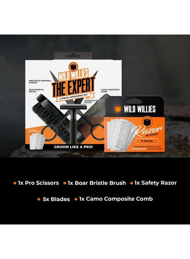 وايلد ويليس مجموعة العناية باللحية الاحترافية، مجموعة هدايا مكونة من 5 قطع - تتضمن مشطًا وفرشاة بشعيرات الخنزير وشفرة حلاقة آمنة و5 شفرات حلاقة قابلة لإعادة التعبئة ومقصات العناية - مجموعة لحية للرجال للاستخدام اليومي - Image 4