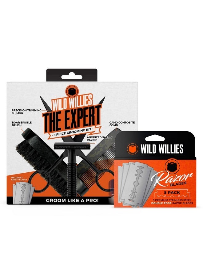 وايلد ويليس مجموعة العناية باللحية الاحترافية، مجموعة هدايا مكونة من 5 قطع - تتضمن مشطًا وفرشاة بشعيرات الخنزير وشفرة حلاقة آمنة و5 شفرات حلاقة قابلة لإعادة التعبئة ومقصات العناية - مجموعة لحية للرجال للاستخدام اليومي - Image 1
