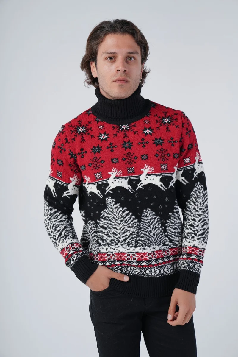 Trist Star Men's Jacquard Deer Patterned Turtleneck New Year's Knitted Wool Sweater TRIST-5314