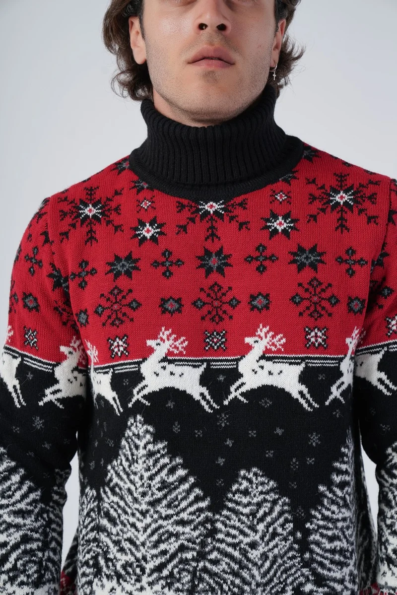 Trist Star Men's Jacquard Deer Patterned Turtleneck New Year's Knitted Wool Sweater TRIST-5314