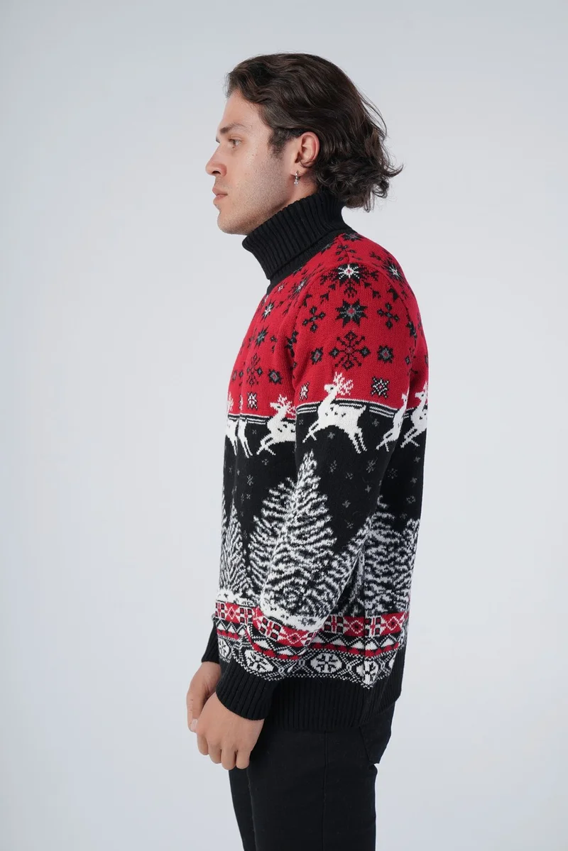 Trist Star Men's Jacquard Deer Patterned Turtleneck New Year's Knitted Wool Sweater TRIST-5314