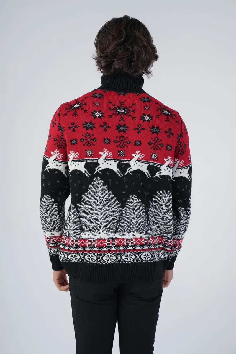 Trist Star Men's Jacquard Deer Patterned Turtleneck New Year's Knitted Wool Sweater TRIST-5314
