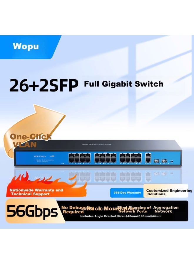 Wopu 26-port Full Gigabit Switch, Enterprise-grade, 24 Ports + Dual Uplink Ports + 2 Optical Ports Sfp, Engineering-grade Monitoring Network Aggregation, Unmanaged Splitter, Steel Shell Wjh2422g - Image 1