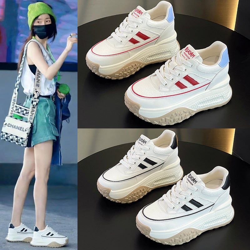 Genuine Leather Aginer White Sneakers Women's 9cm Thick Sole Height Increase Casual Sports Shoes - Image 1