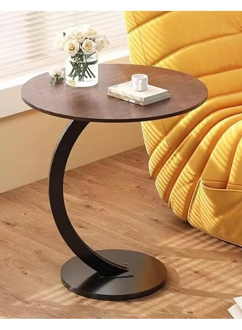 SKY-TOUCH C Shaped End Table : Couch Side Table with Metal Frame Round Wood Tray Table for Living Room Bedroom Bedside Laptop Snack Coffee Walnut&Black - Image 2