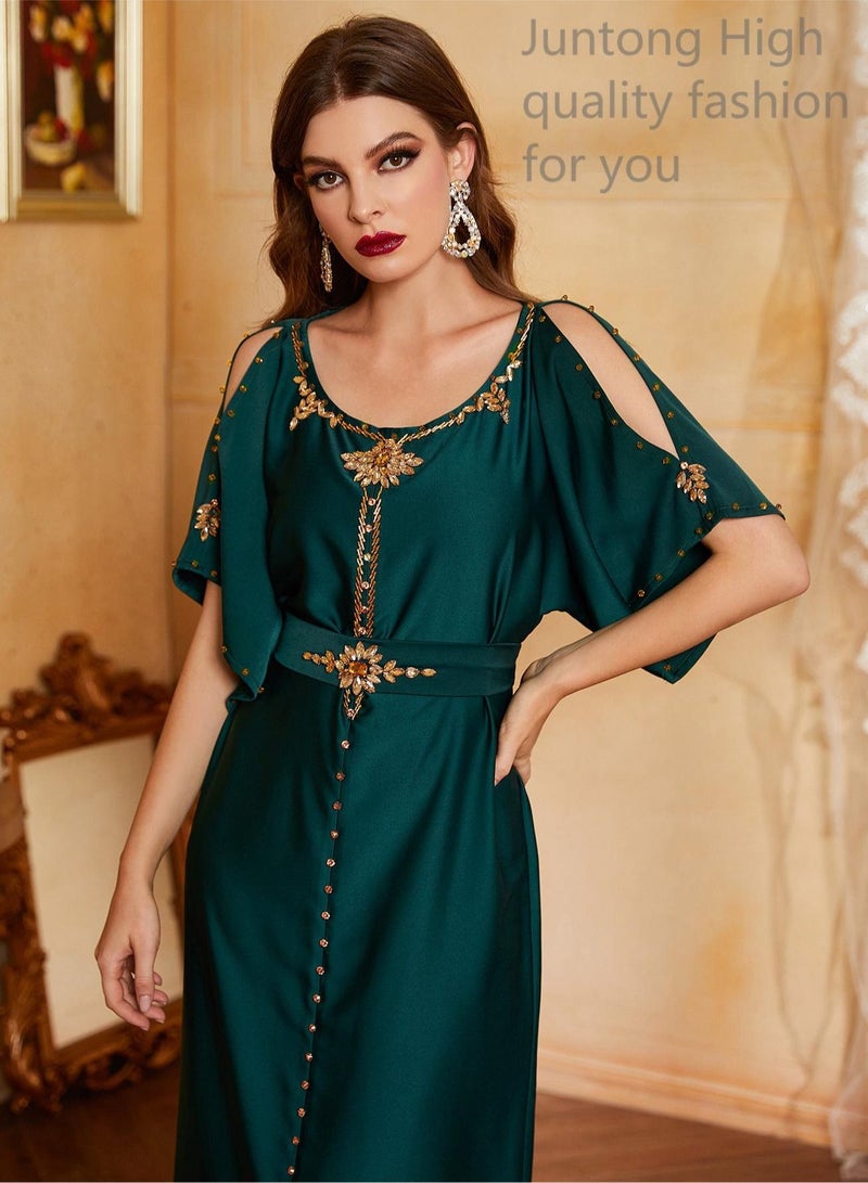 NIBEMINENT Women Embroidery And Shoulder Design Satin Fabric For Abaya Muslim Dress， High-end Quality for Daily and Evening Party Gowns  - Image 1
